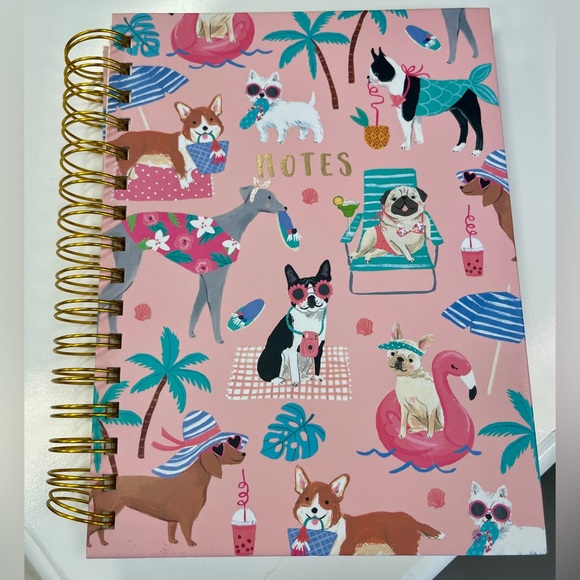 Clementine Dogs at the Pool Pink Gold Spiral Notebook Journals Pugs Corgis NEW - Picture 1 of 4